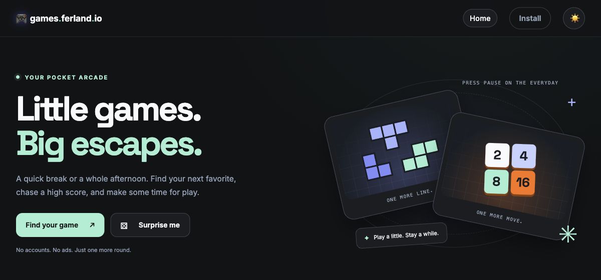 Browser-games homepage with the headline Little games. Big escapes. and colorful puzzle previews.