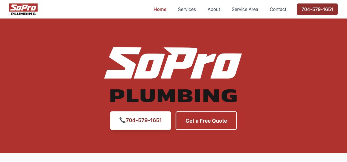 SoPro Plumbing homepage with its red branding, phone number, and request-a-quote button.